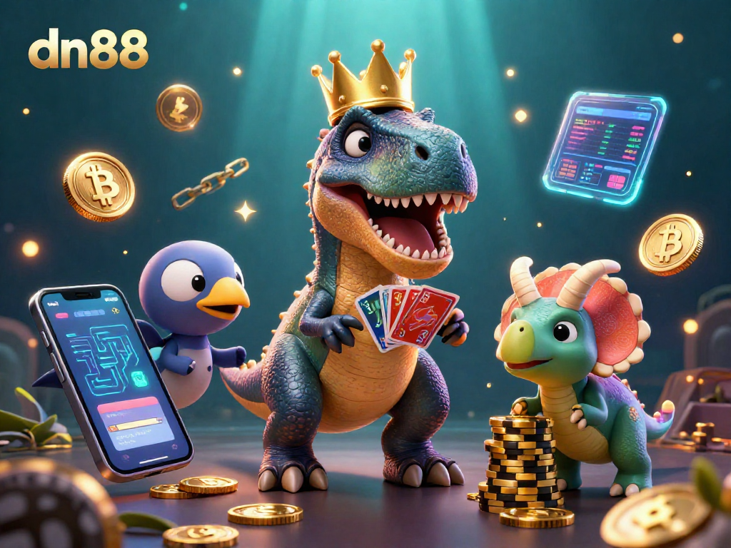 Engage with the vibrant world of dn88 casino featuring playful dinosaur characters in a dynamic gambling scene.