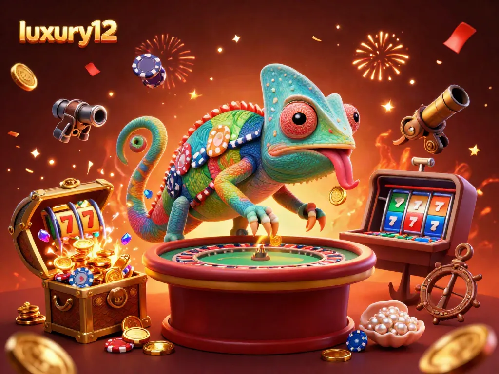 Experience thrilling action with luxury12 as a vibrant chameleon casino owner devours golden coins while surrounded by slot reels and underwater treasures.