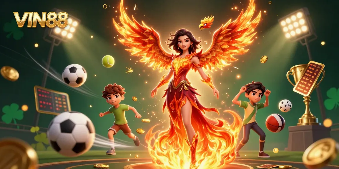 Experience thrilling gameplay at VIN88 with dynamic elements and fiery visuals in an epic casino illustration.