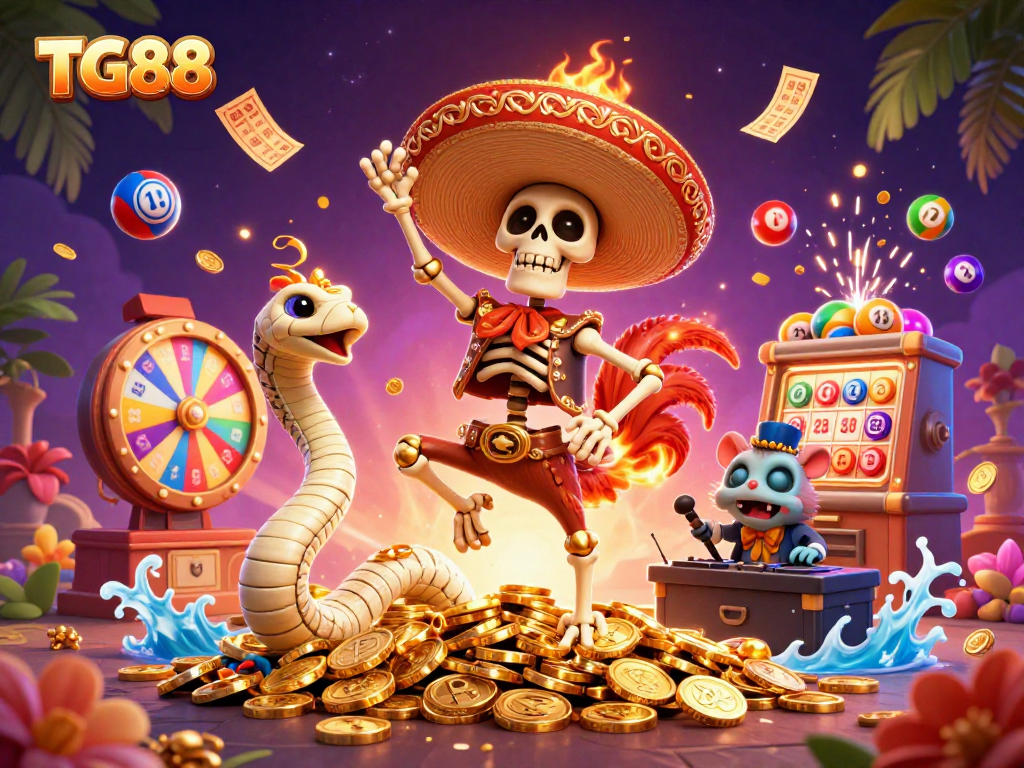 Experience the excitement of TG88 with dynamic lottery balls and vibrant gaming elements in a lively 3D celebration.