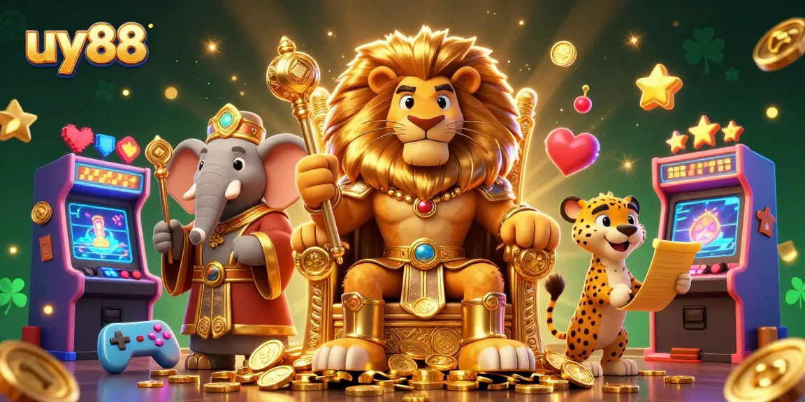 Experience the thrill of uy88 with a vibrant 3D casino scene featuring a lion king amidst gaming excitement.