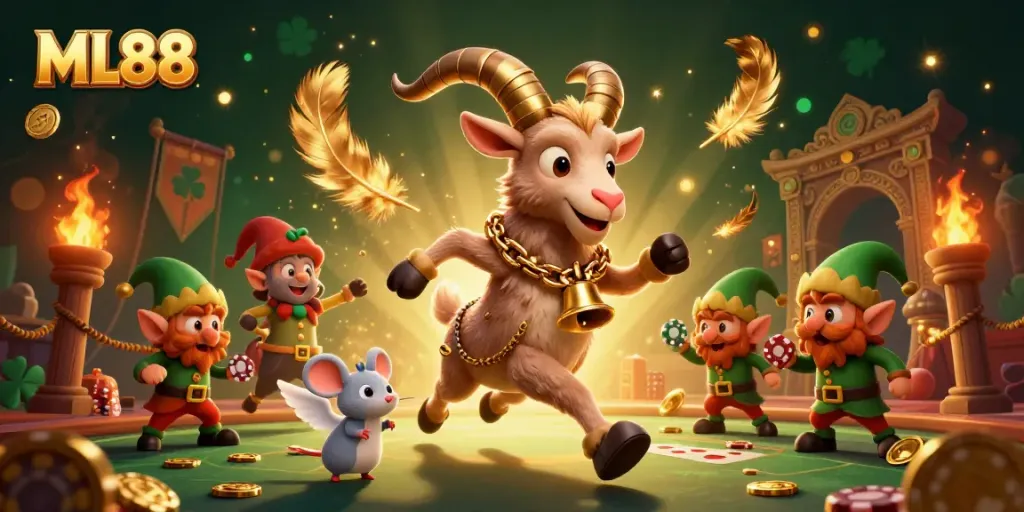 Attractively themed ML88 casino scene with Krampus goat, angel mouse, and mischievous elves stealing chips.