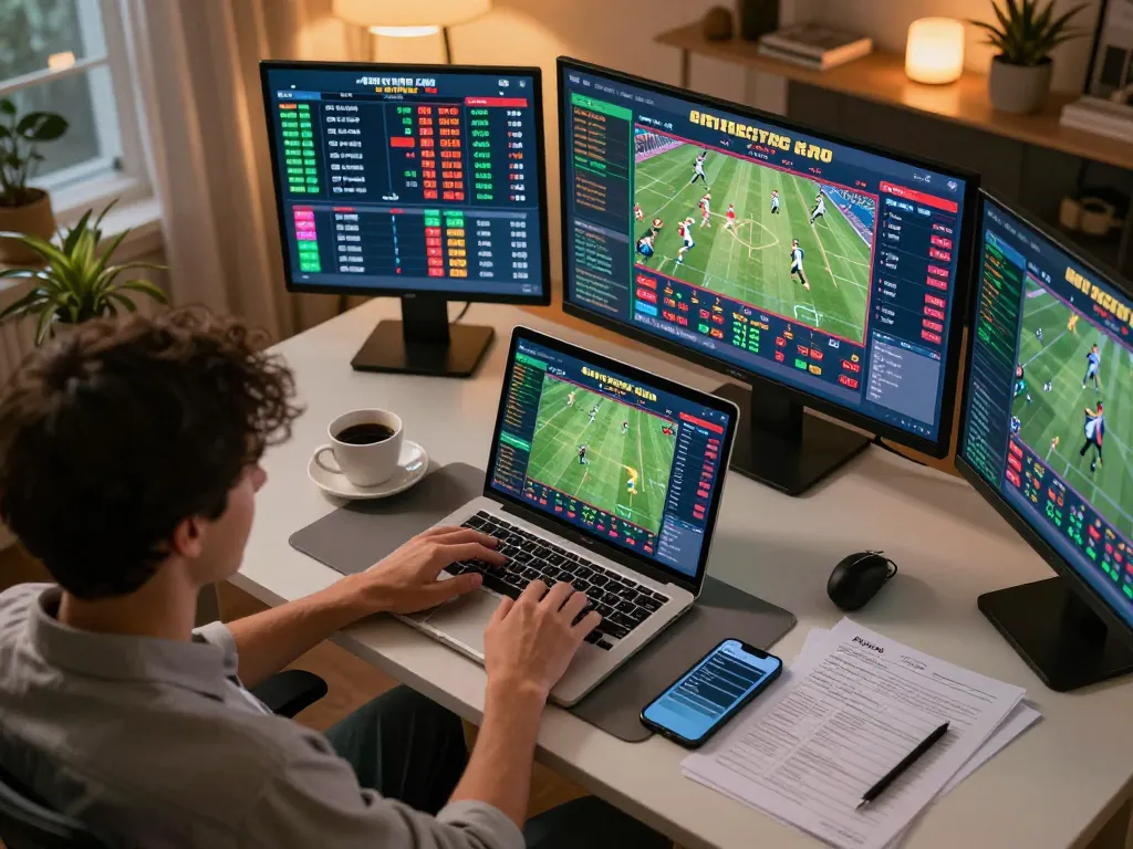 Kèo Nhà Cái sports betting session showcasing live odds on multiple screens, capturing strategic engagement.