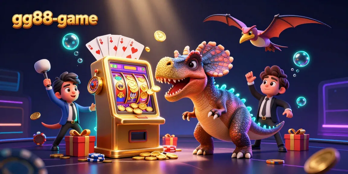 Engaging scene of gg88-game with a pachycephalosaurus activating a slot machine while a panicking manager and pteranodon gather coins.
