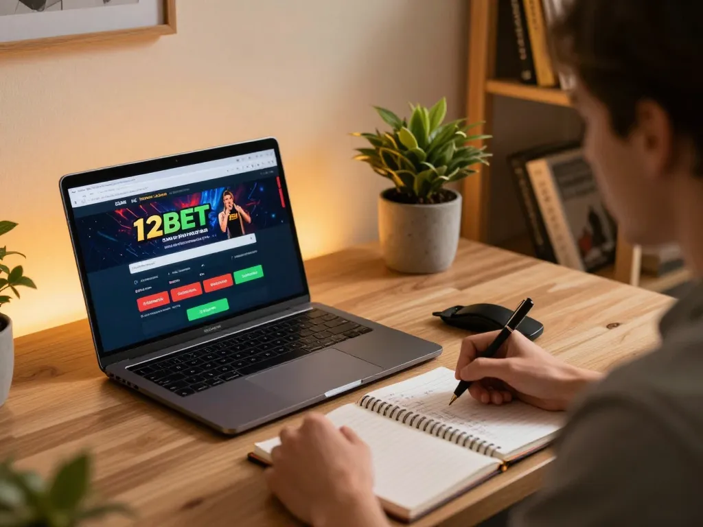 Engaging with the 12bet link for online gaming in a cozy home setup.