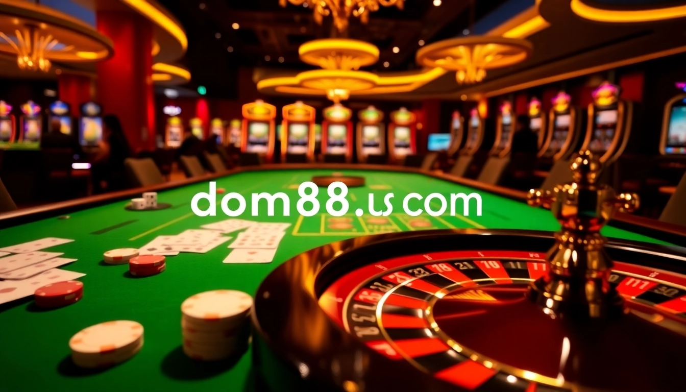 Experience the thrill of casino gaming at dom88.us.com with vibrant poker chips and a roulette wheel.