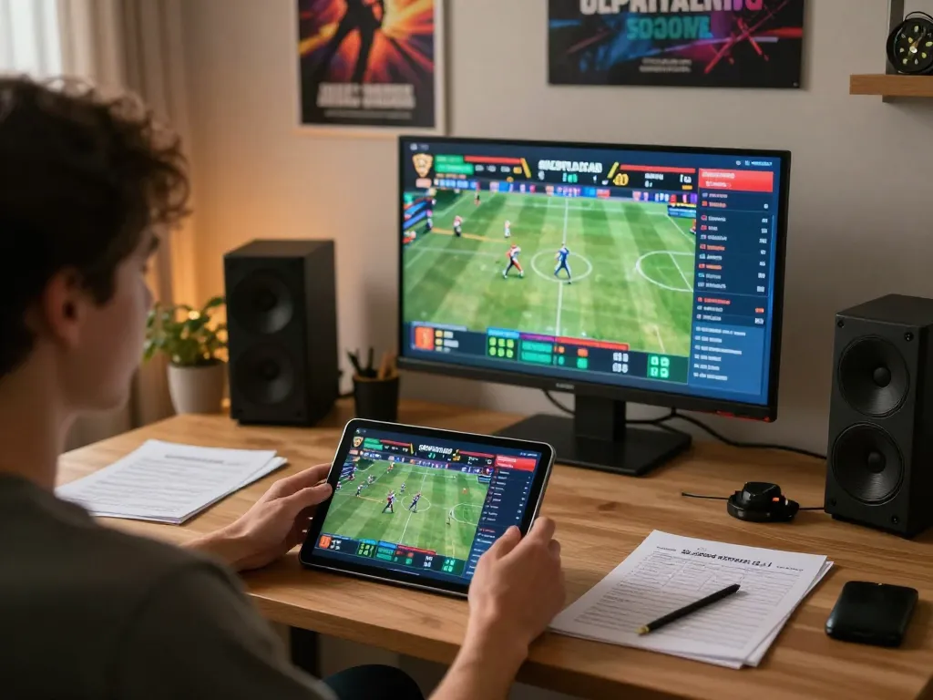 Engaging in sports betting on https://lc88.co.com/ from a stylish home office, dynamic tablet screen showing live match updates.