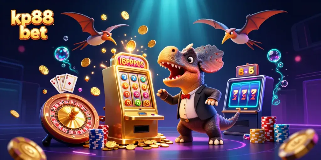 Experience kp88 bet with a playful dinosaur interacting with a golden slot machine, capturing excitement in a casino.