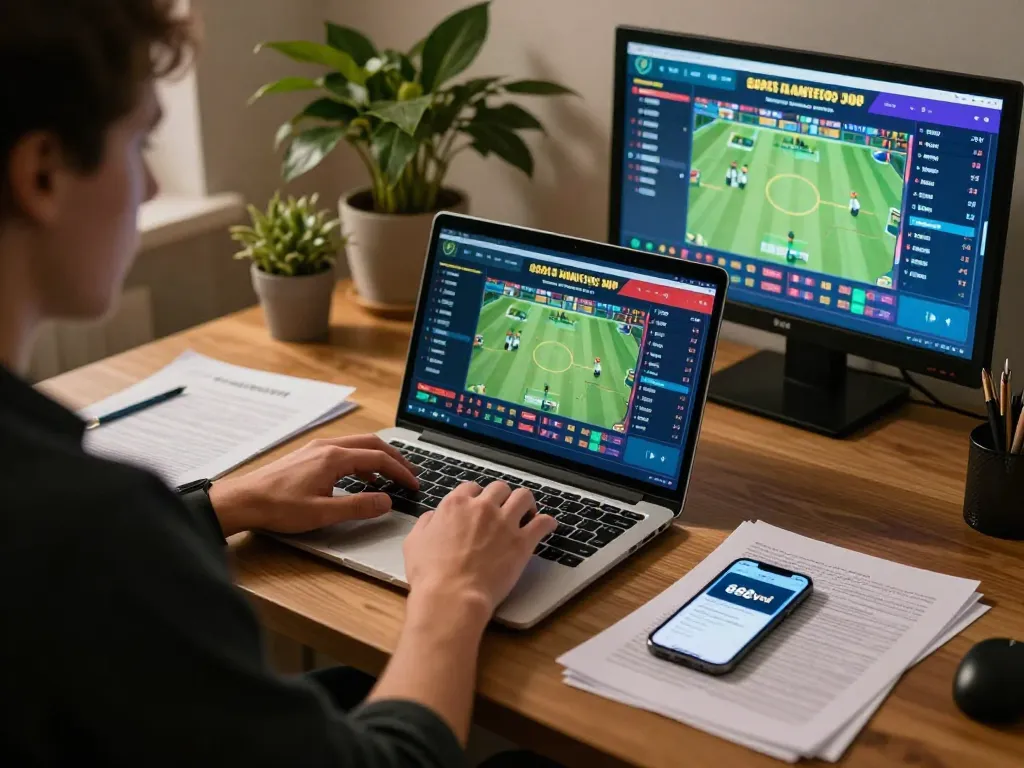 Betting with excitement on 888vnd's app on a laptop in a modern home office setting.