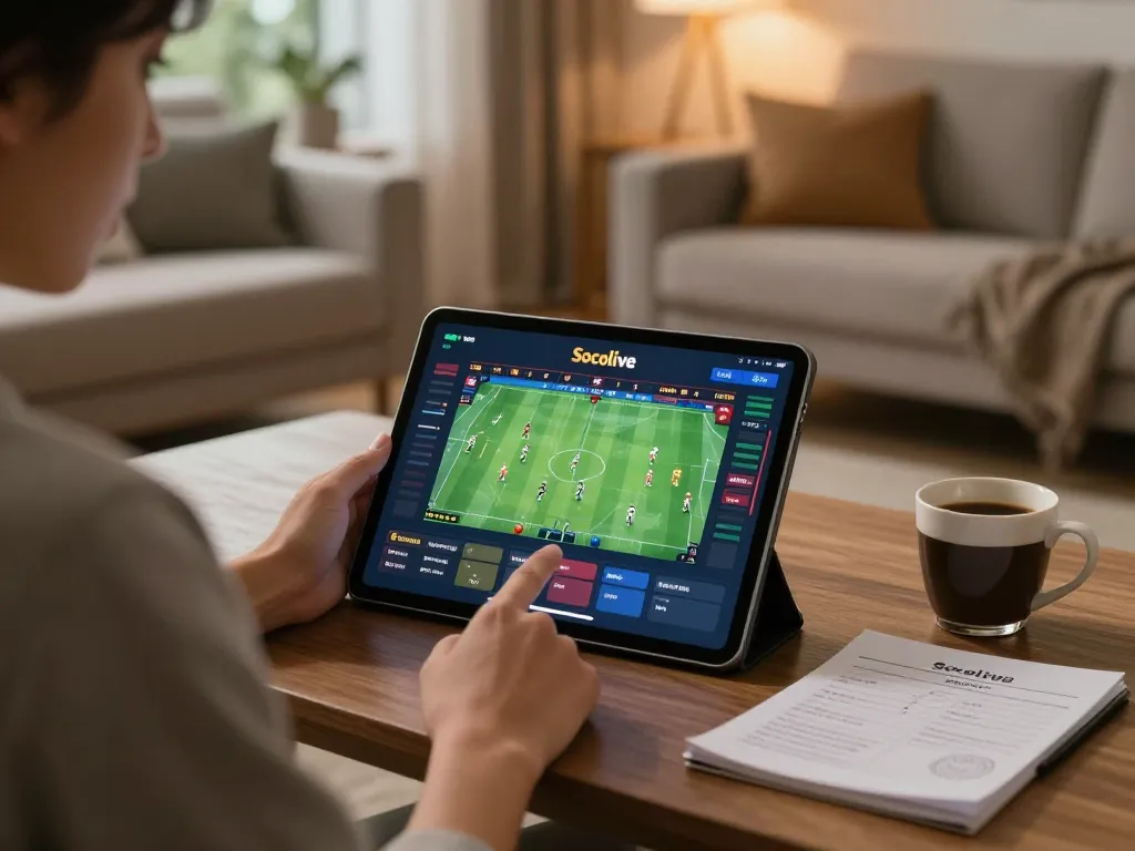 Socolive user engaged in online sports betting with tablet in cozy living room setup.
