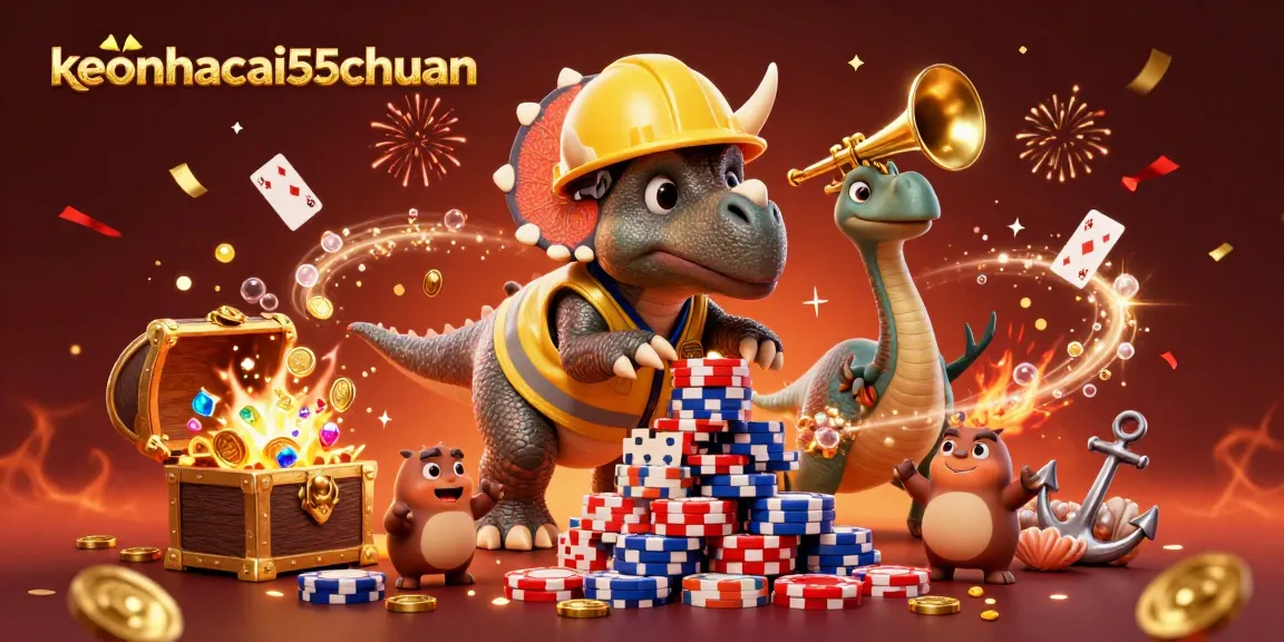Stack poker chips with keonhacai55chuan characters celebrating while playing vibrant casino games.