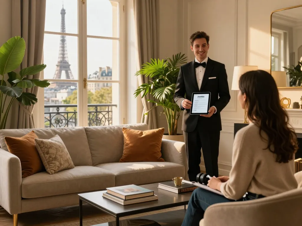 Conciergerie Airbnb Paris featuring a welcoming living room with a concierge sharing local insights with a guest.