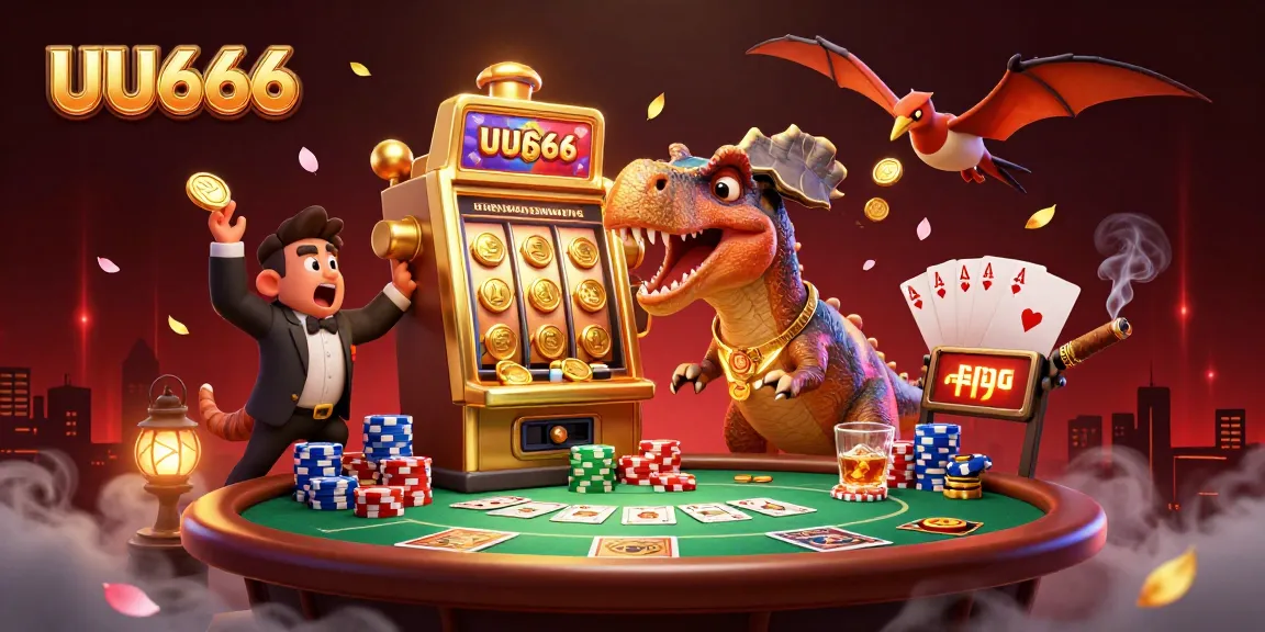 UU666 slot machine pays out with cartoon dinosaurs, creating a lively casino atmosphere full of excitement.