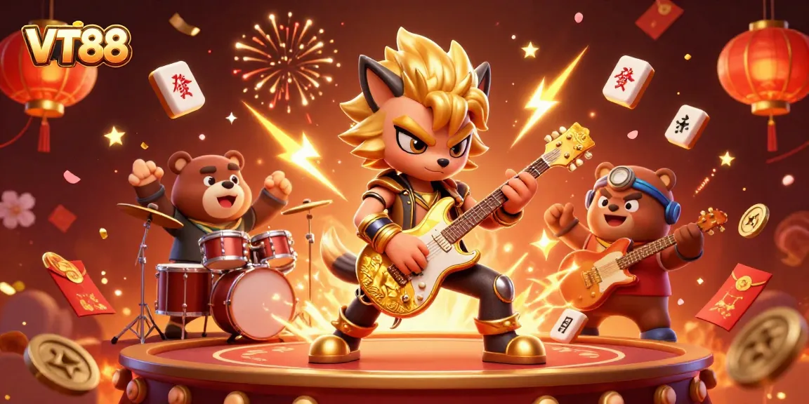 Experience the thrill of VT88 with a vibrant casino scene featuring musicians and game elements.