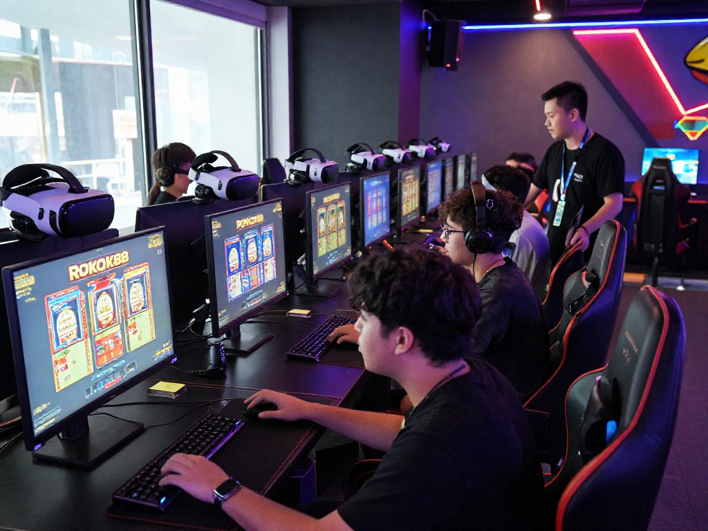 rokok88 login scene with enthusiastic players enjoying slot games in a vibrant gaming lounge