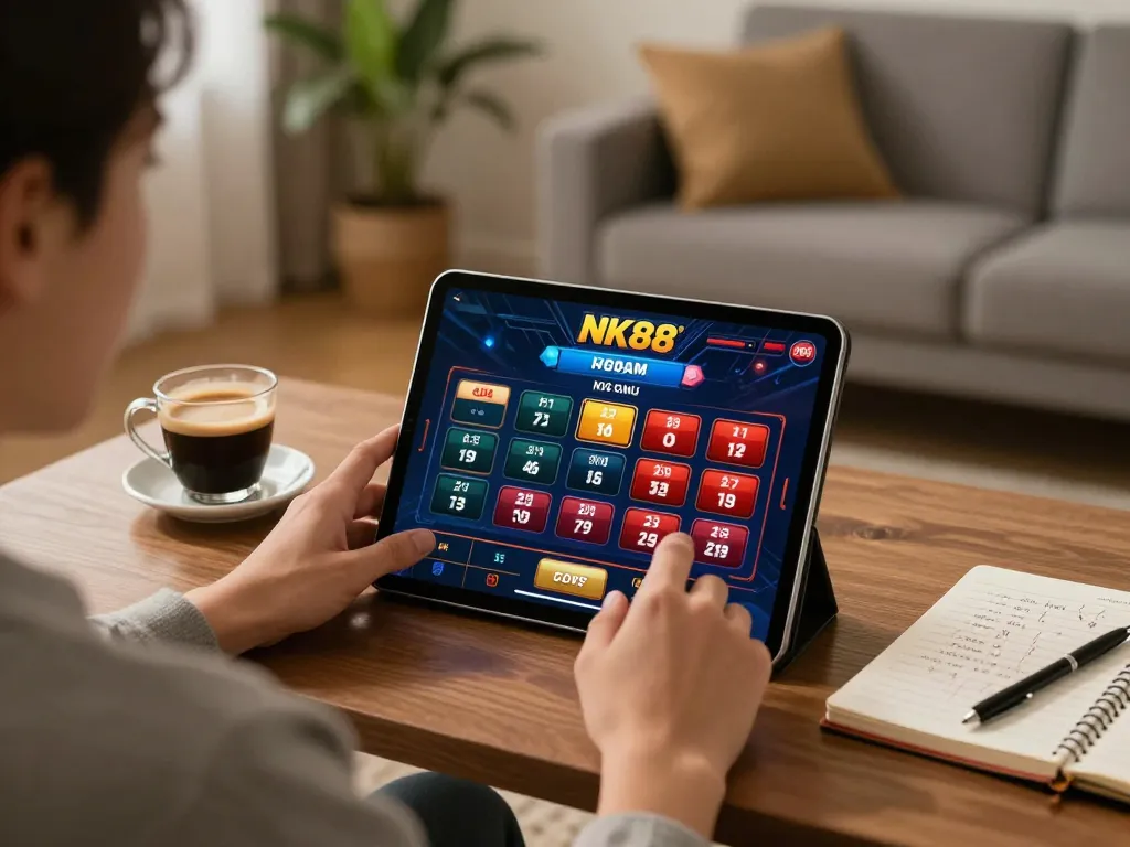 Engaging NK88 top online casino game on tablet showcasing an immersive gaming experience in a cozy setting.