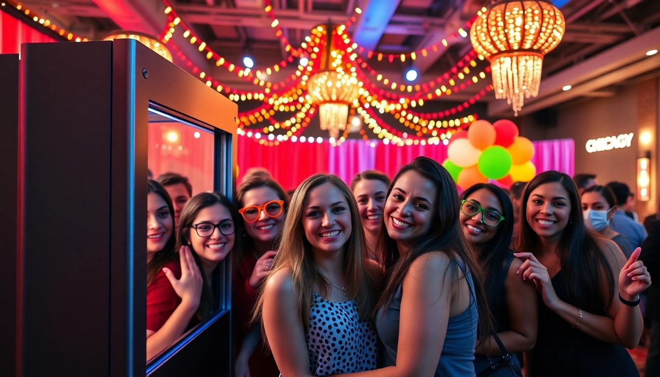 Enjoying a photo booth rental Chicago experience at a lively event with colorful props and backdrops.