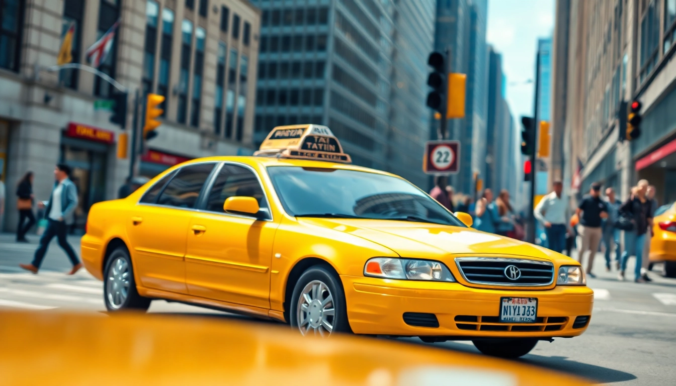 Taxi navigating through busy city streets, showcasing bright yellow cab against urban backdrop.