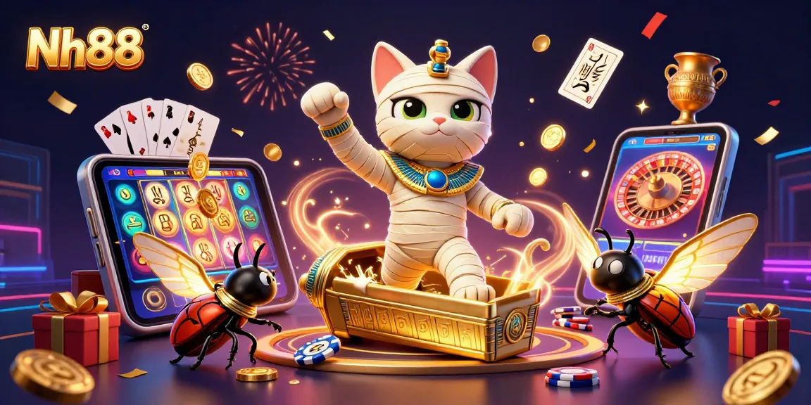 Engage with Nh88 in a vibrant 3D casino scene featuring a mummy cat and a scarab beetle.