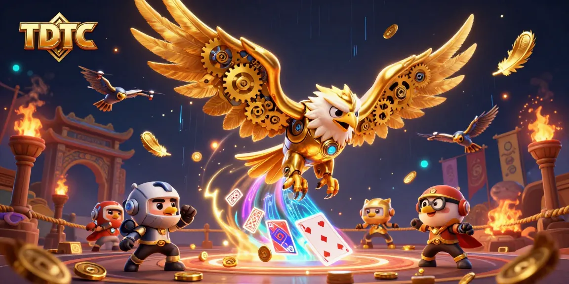 Engage in TDTC gaming as a cybernetic eagle dives through holographic cards amidst casino elements.