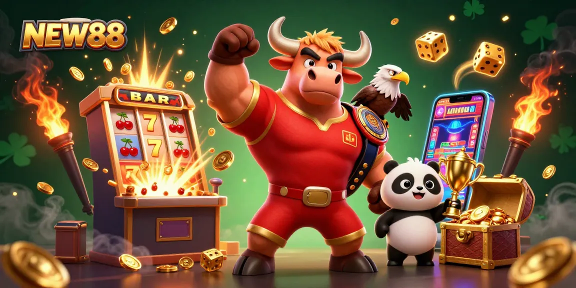 Experience the excitement of gaming at NEW88 with a bull mascot celebrating a big win.