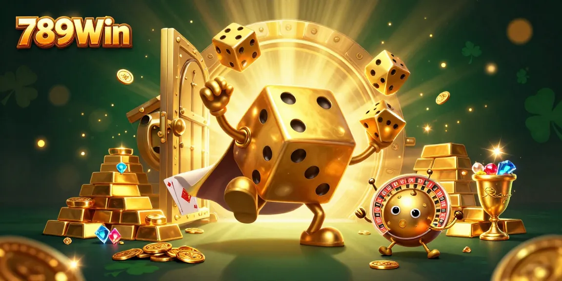 Engage with 789Win's thrilling games featuring golden dice and a roulette head character.