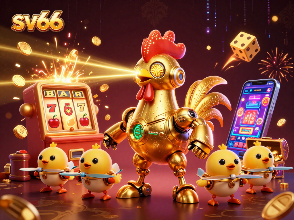 Experience excitement at sv66 with a golden rooster robot amidst a jackpot explosion.
