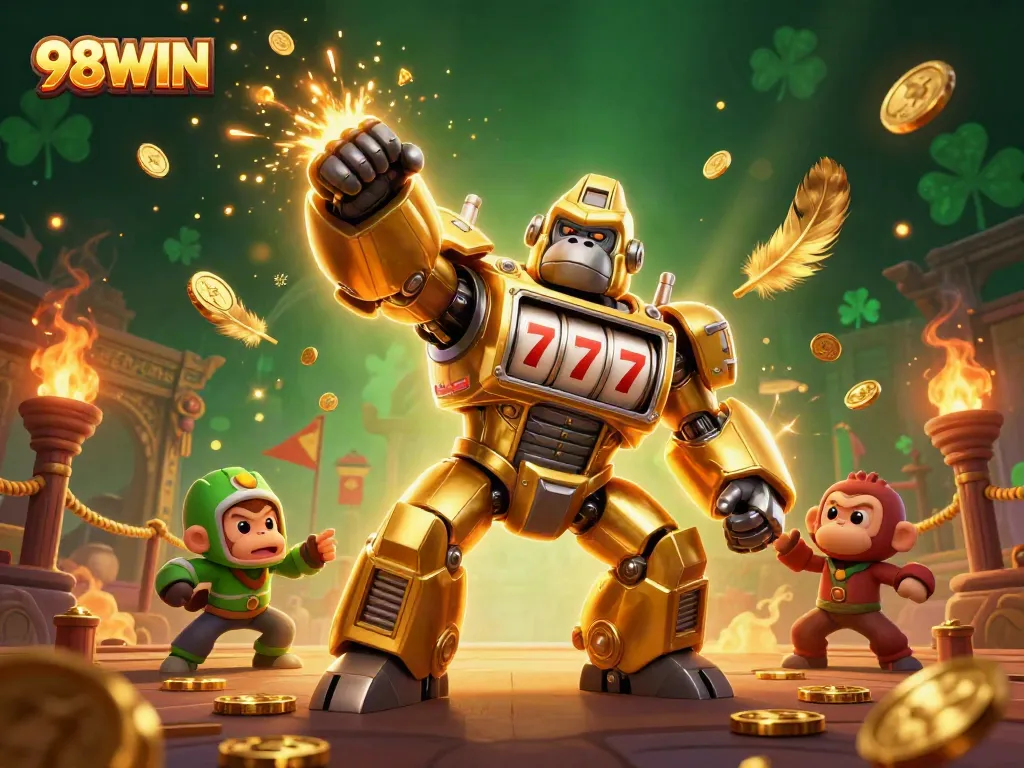 Feel the thrill of winning at 98WIN with a golden gorilla mech punching through coins in a vibrant casino scene.