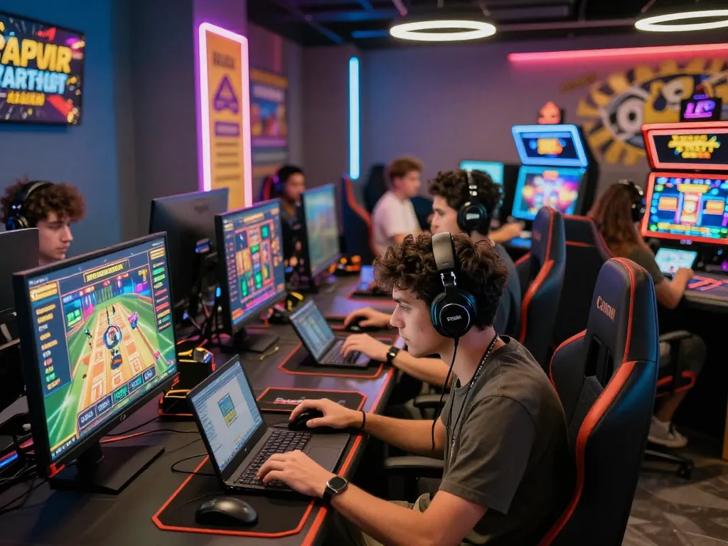 Players enjoying intense gaming experience at gem88 online casino lounge with vibrant screens.