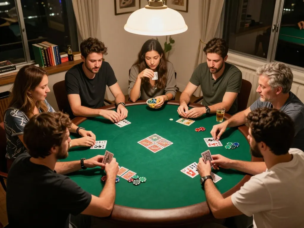NET88 players enjoying an exciting poker night at home, showcasing strategy and camaraderie