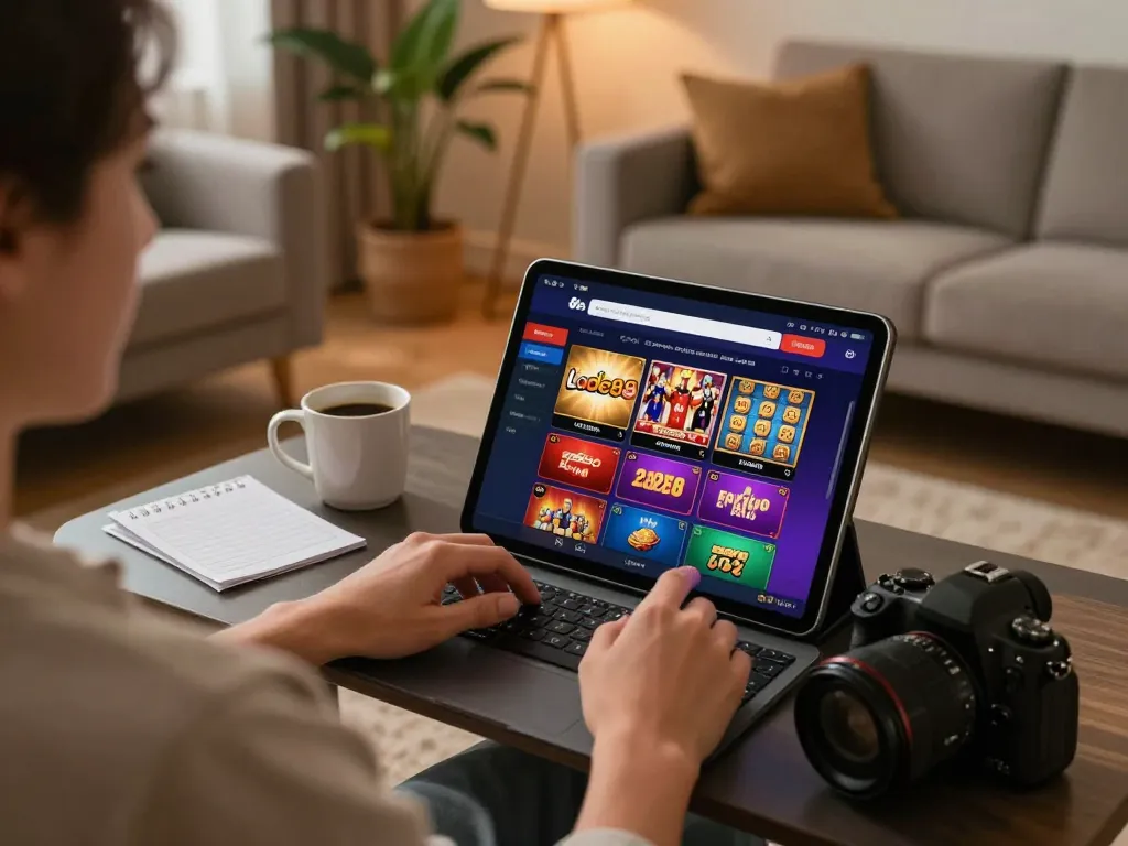 Engaged player enjoying Lode88 gaming setup at home, showcasing tablet interface and cozy atmosphere.