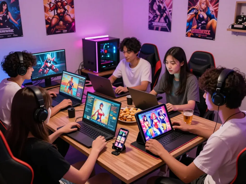 Friends playing a porn game together in a cozy gaming room with multiple devices, engaging and vibrant atmosphere.