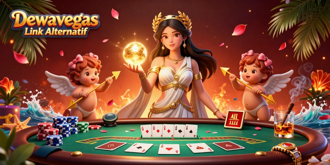Dewavegas Link Alternatif live casino action with a goddess and cherubs amidst poker excitement.