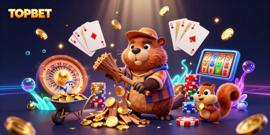 Engage in thrilling TOPBET gaming with a lively cartoon scene of a beaver, bird, and squirrel surrounded by coins and casino elements.