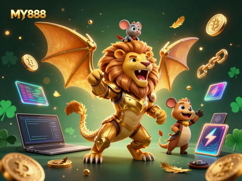 Experience thrilling gameplay at MY888 with a dynamic 3D chimera and crypto elements illustrating the excitement of online betting.