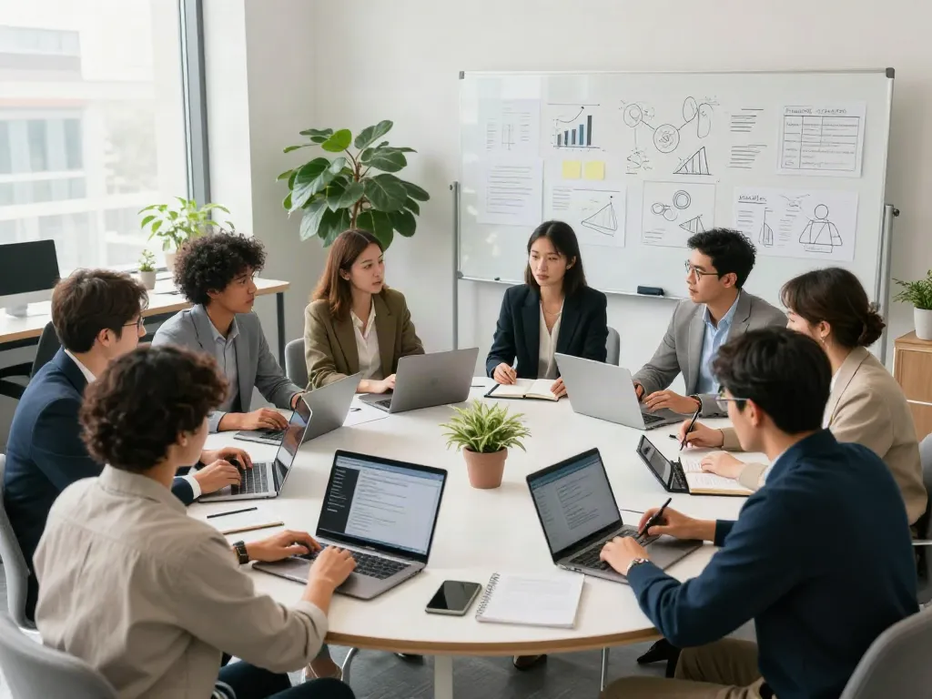 Team discussing his response in a modern office environment, engaged and collaborative.