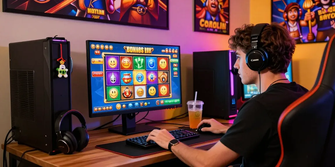 Player engaged with dynamic buy feature slots on a gaming setup, showcasing an immersive online casino atmosphere.