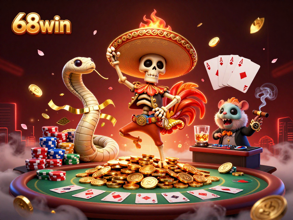 Experience excitement at 68win with a festive mariachi rooster celebrating on gold coins amidst vibrant casino decor.