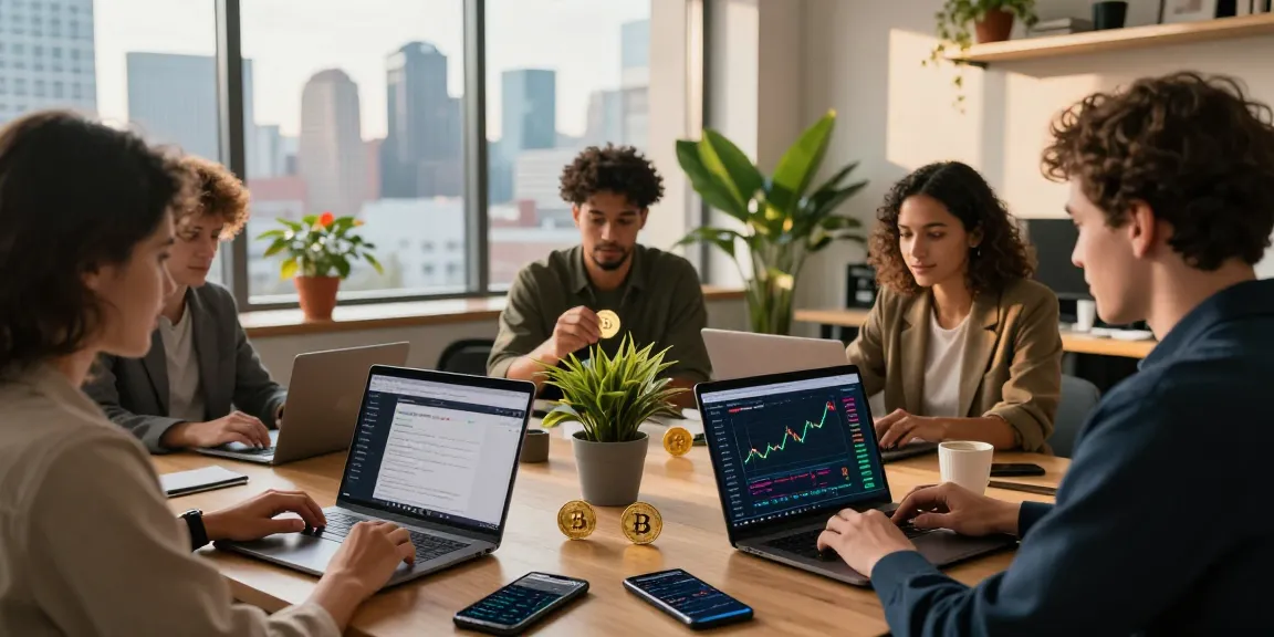 Investors buying BRICS coins through digital wallets in a modern workspace