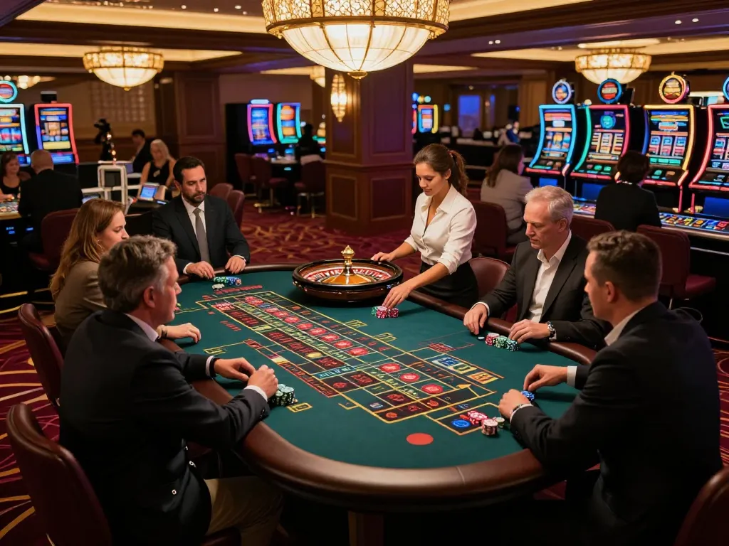 hitclub players engaged in strategic roulette gameplay at a luxurious casino, colorful chips and wheel in focus