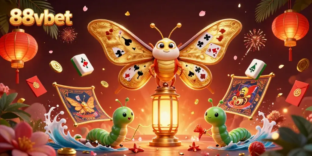Experience the excitement of 88vbet with a vibrant 3D casino scene featuring a golden moth and floating symbols.