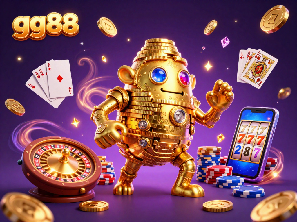 Spin to win with gg88's stunning casino rewards illustration showing gold golems and casino elements.