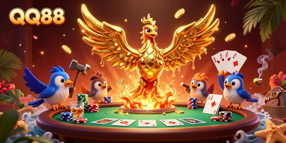 Experience thrilling gameplay at QQ88 with a molten golden phoenix at the poker table.