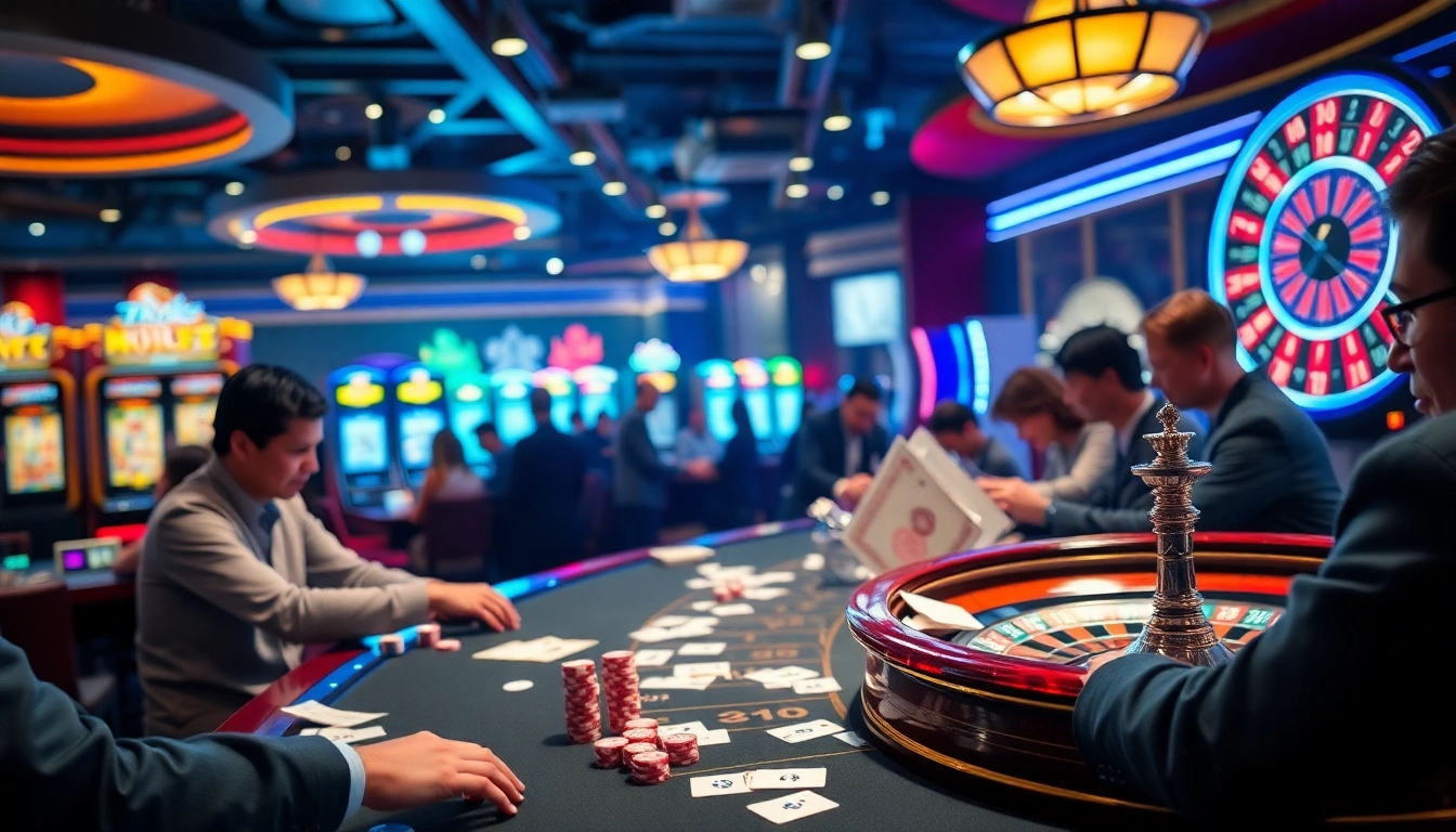 Players engaged in thrilling casino games at https://winvn.wiki with vibrant lights and bets.
