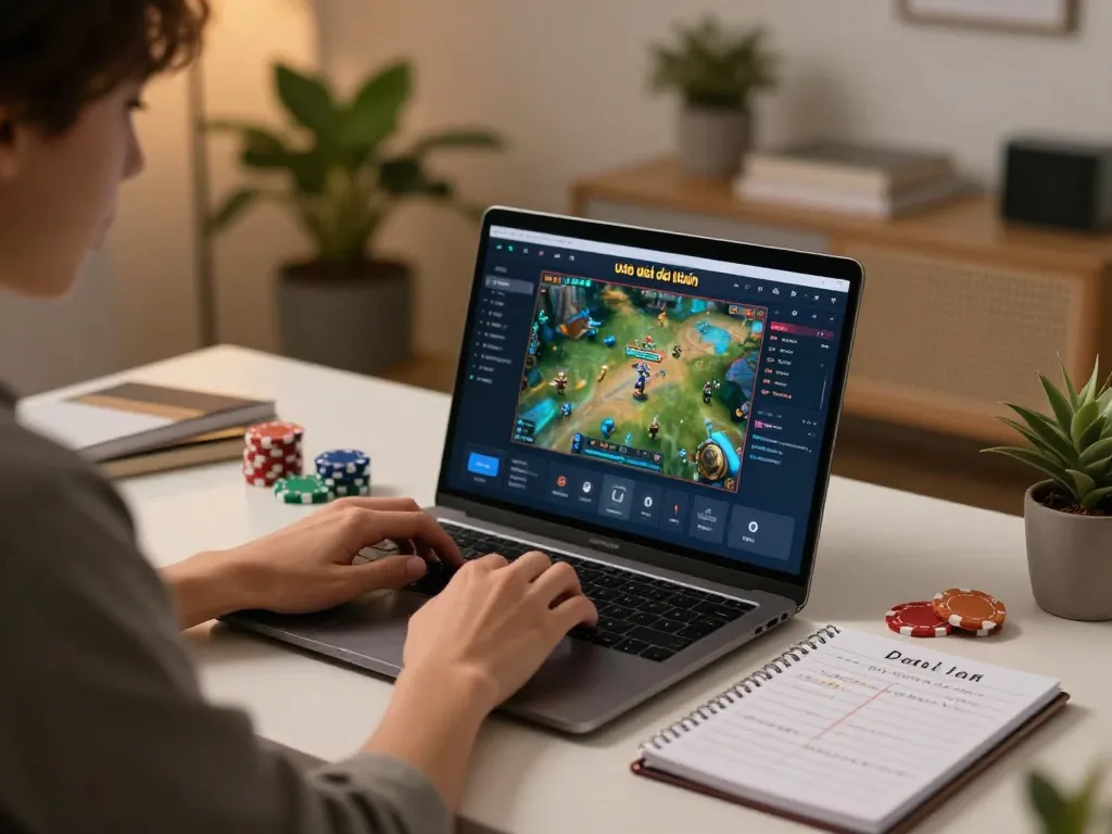 Engaging in game bài đổi thưởng online with a laptop, showcases strategic gaming environment