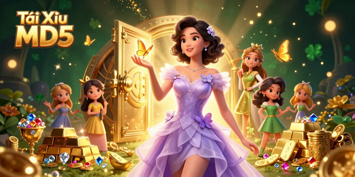 Tài Xỉu MD5 featuring an enchanting scene with an Asian woman, golden treasures, and engaging gambling elements.