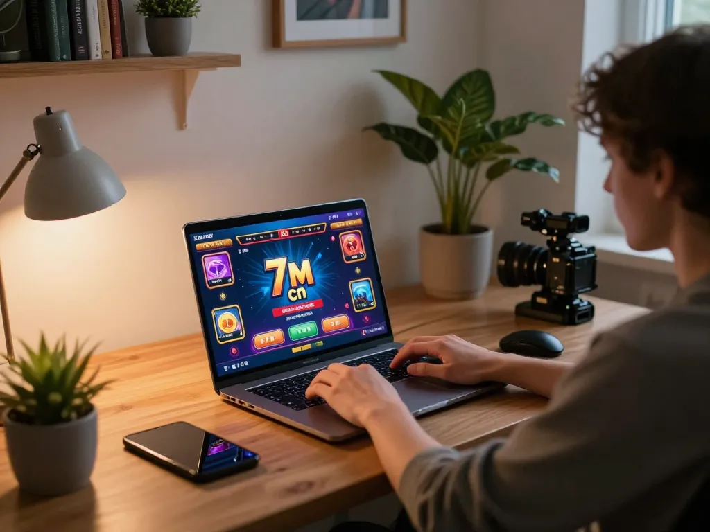 Engaging in 7m cn online casino gaming from a cozy home office with vibrant visuals