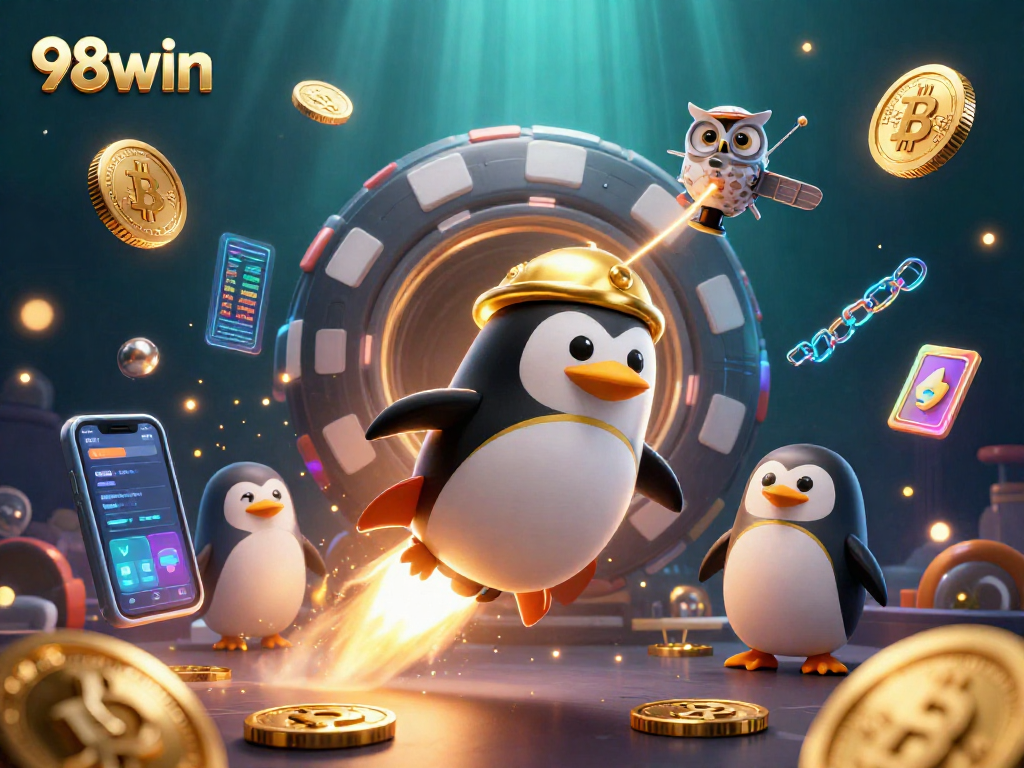 Experience the thrilling world of 98win with a golden penguin racing towards a vibrant casino