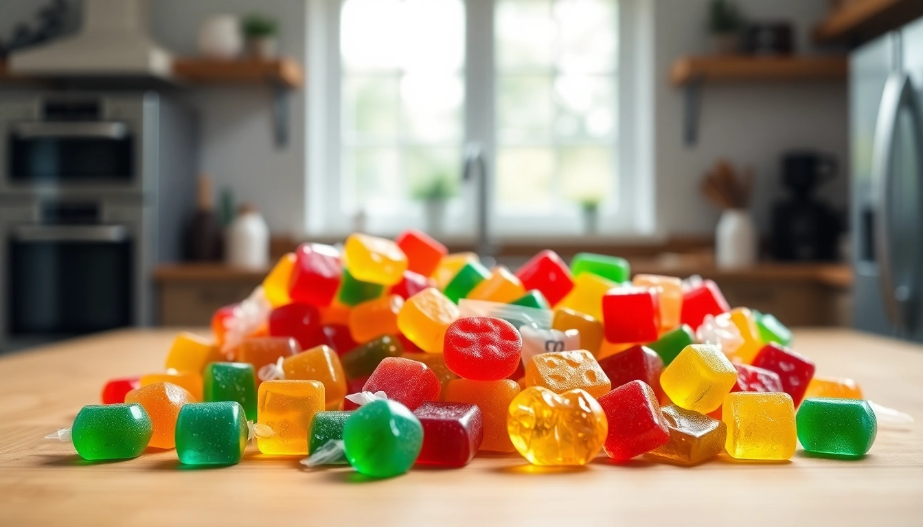 Showcase of the Best THC Gummies in the UK, highlighting colors and textures in a cozy setting.