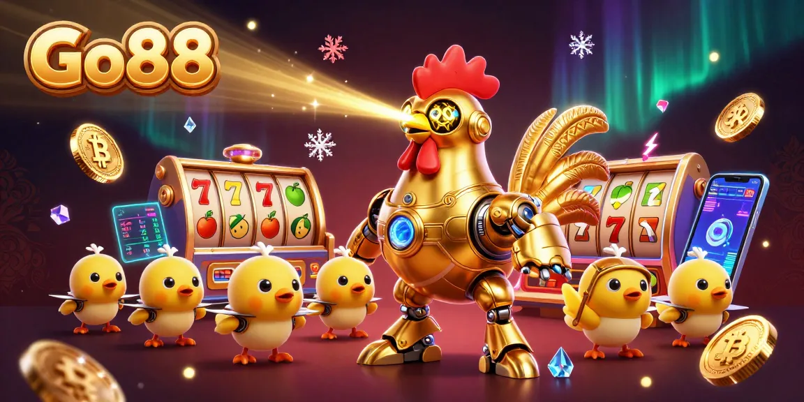 Go88 presents an engaging 3D illustration showcasing a golden rooster robot in a dynamic casino setting.